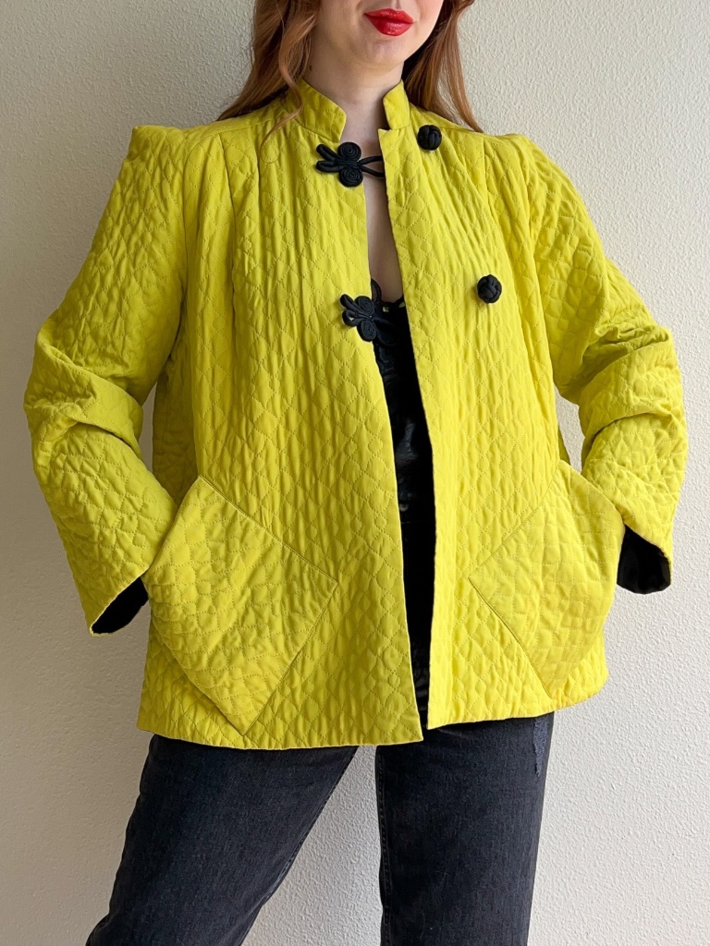 Vintage 1950s Chartreuse Quilted Jacket With Black Toggle Buttons (M/L)